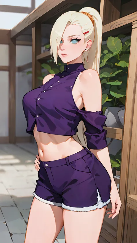 yamanaka ino, purple crop top, sleeveless, shaved armpits, long blonde hair, bangs, masterpiece,
BREAK (off-shoulder shirt, shorts, jewelry, pendant:1.2),
BREAK full bodyesbian，Standing on the ground，Slim，long leges，Stand up straight，nothing background，Sli...