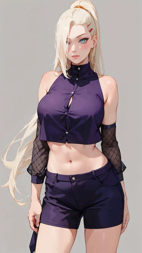 yamanaka ino, purple crop top, sleeveless, shaved armpits, long blonde hair, bangs, masterpiece,
BREAK (blouse and cardigan:1.2),
BREAK full bodyesbian，Standing on the ground，Slim，long leges，Stand up straight，nothing background，Slim，extra long leg，A saggin...