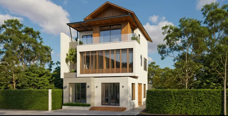 Raw photo,Masterpiece, high quality, best quality, authentic, super detail,
exterior, outdoors, house style modern on the street, glass windows, gate, wooden ceiling,
road,pavement, trees, sky, cloud, (daylight:1.1)