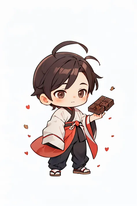 best quality, shouhui,(1boy:1.3),hanfu, chibi, give chocolate someone, white background.