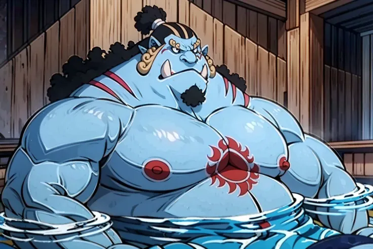 muscular man (jinbei) enjoying a relaxing soak in an onsen, his beard gracefully flowing in the water, partially submerged