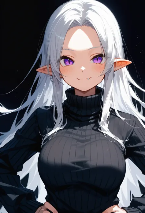 Best quality, score_9, score_8_up, score_7_up, 1girl, purple eyes, slit pupils, white hair, long hair, parted bangs, pointy ears, black turtleneck sweater, small smile, cute, blush, fang, hands on hips, black leggings, medium breasts, looking at viewer, up...