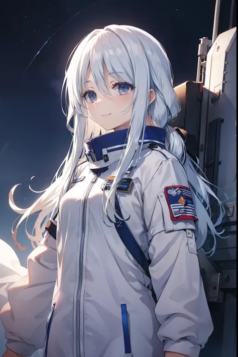 1woman,adult,25 years old,white hair, medium hair, astronaut uniform, standing, half body photo, bangs, smile