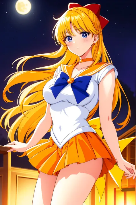 Top quality anime art、masterpiece、High definition anime art、Anime style 4K、High resolution、Sailor Warrior Uniform、Anime Auntie、Mature Woman、Mature Woman、Age Increase、Woman in her 40ILF、Minako Aino、Orange choker、Golden choker、bow、A woman with very long blon...