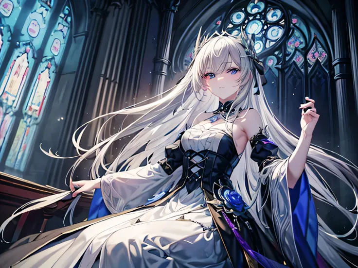 perfect face,create a mesmerizing high-resolution masterpiece (1.2) of a gothic anime girl with long, flowing white hair and pie...