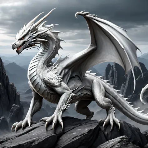 realistic black and white photo, a large and powerful white dragon with extremely smooth and glossy skin stands on a rocky plate...