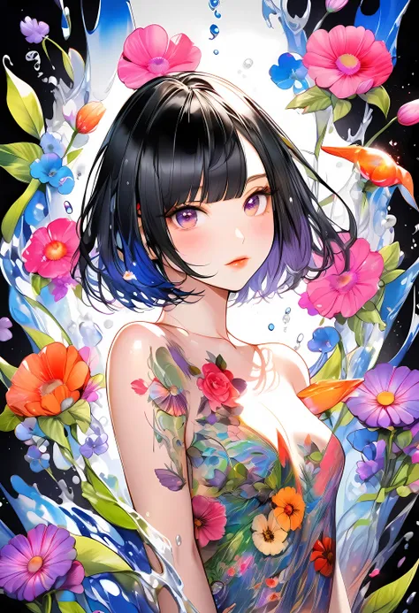 raw photo:1.2, masterpiece, highest quality, 16k, unbelievably absurd, very detailed, perfect beauty, (water color style), (nude+flower tattoos all over the body), beautiful cute girl, jet black bob cut, drooping eyes, professional lighting, vibrant colors...