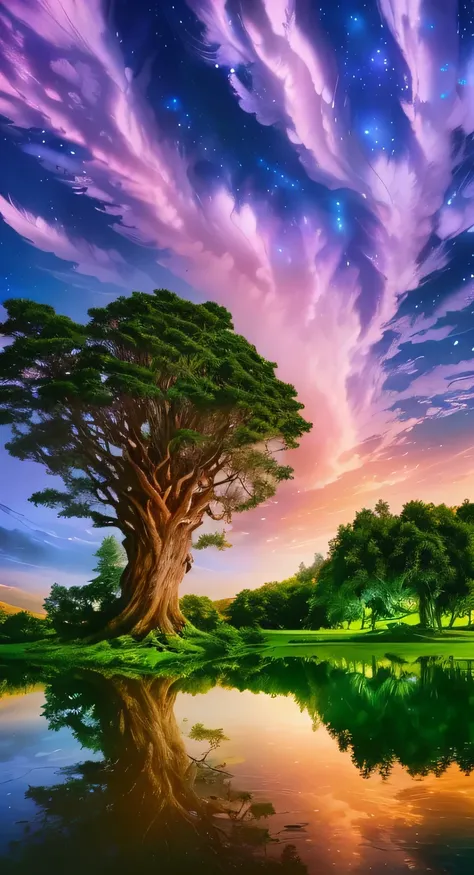 Close up of a tree near a body of water with sky background, Magic tree, Composed of trees and fantasy valley, Fantasy tree, large Magic trees, Magical scenery, A beautiful tree, Magical colors and atmosphere, Mysterious environment, Big Tree, Bodhi tree a...