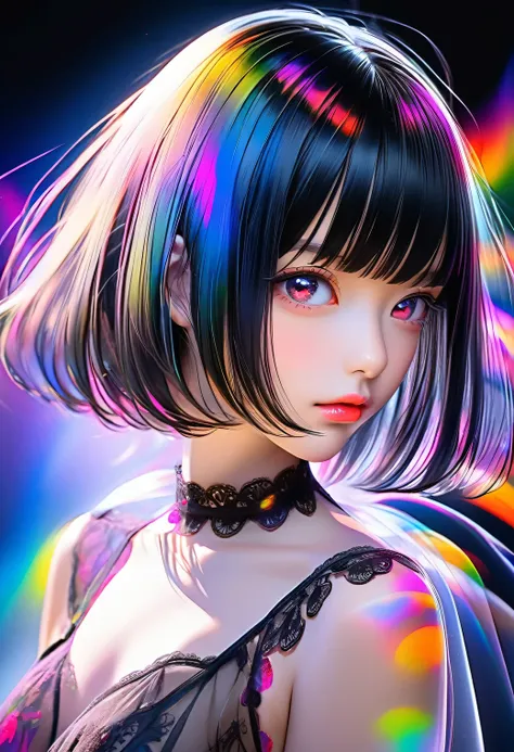 multiple exposure, raw photo:1.2, masterpiece, highest quality, 16k, unbelievably absurd, very detailed, perfect beauty, (sheer negligee), beautiful cute girl, jet black bob cut, drooping eyes, professional lighting, vibrant colors, illustration portrait,