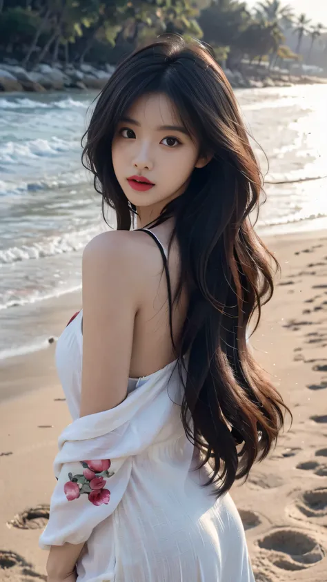 best quality,masterpiece,ultra high resolution,(actual:1.4),original photo,ultra high definition，8k，A perfect young female，in the dark，High picture quality，Black hair，Long hair flowing over the shoulders，Beach wave hairstyle，Hydrated red lips，Real Human，CG...