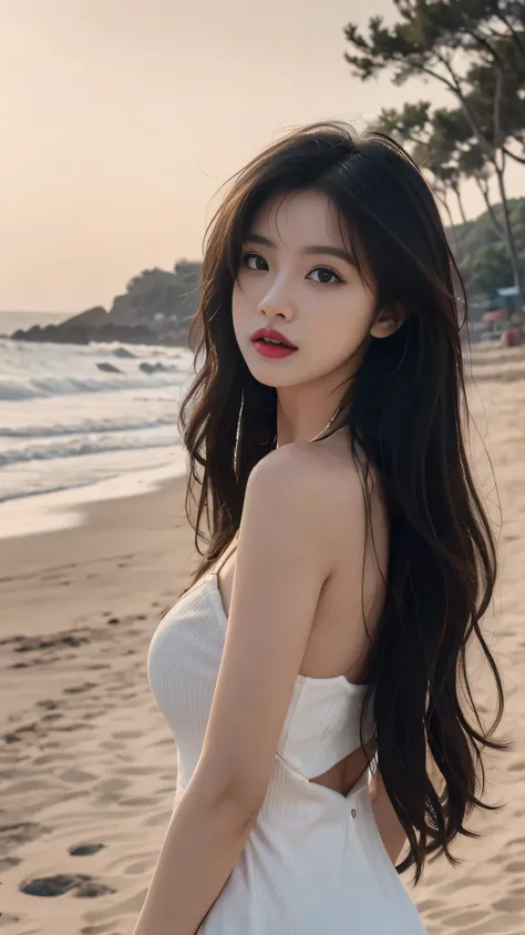 best quality,masterpiece,ultra high resolution,(actual:1.4),original photo,ultra high definition，8k，A perfect young female，in the dark，High picture quality，Black hair，Long hair flowing over the shoulders，Beach wave hairstyle，Hydrated red lips，Real Human，CG...