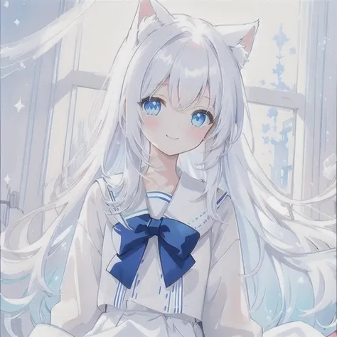 (8K, best quality, masterpiece: 1.2), (best quality: 1.0), (ultra-high resolution: 1.0), a cute girl,smile,long white hair, white cat ears, blue eyes, white skirt,watercolor, Trishuna, author: agnes cecile, half body portrait, extremely bright design, soft...