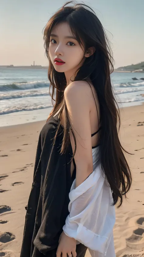 best quality, masterpiece, ultra high resolution, (actual:1.4), original photo, ultra high definition，8k，A perfect young female，High picture quality，Black hair，Long hair flowing over the shoulders，Beach wave hairstyle，Hydrated red lips，Real Human，CG render...