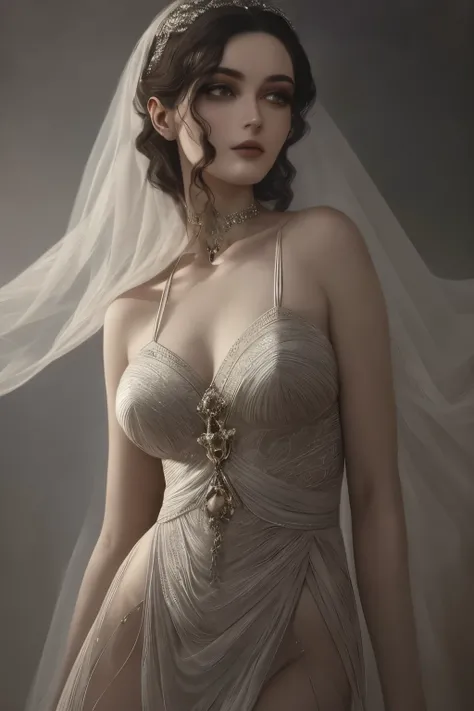 In the style of Ognjen Sporin, a hauntingly beautiful masterpiece unfolds from the highest realms of heaven, an ethereal, noir-inspired portrait of Aphrodite, the goddess of love and pleasure. Enveloped in the soft shades of sunlight scarlet and smoky char...