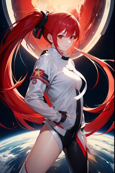  1woman,adult,25 years old,red hair,long hair,two ponytails,two ponytails,astronaut uniform, standing, half Body photo, red eyes, bangs, smile