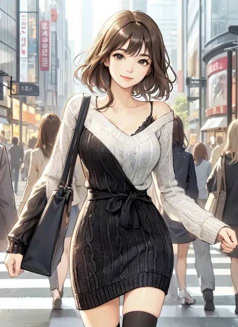 1lady solo, (strolling through city), (stylish outfit), (knit dress) (black and white theme), mature female, /(light brown hair/) bangs, kind smile, (masterpiece best quality:1.2) delicate illustration ultra-detailed, large breasts BREAK (holding designers...