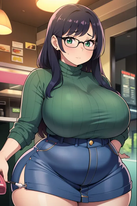 ((Masterpiece)), perfect anatomy, perfect shading, field of depth, (best quality), extremely delicate and beautiful, perfect lighting, detailed face, ultra cute face, cute, ((1girl)), ((solo))

long fluffy black hair, glasses, green eyes, ((blush)), nervou...