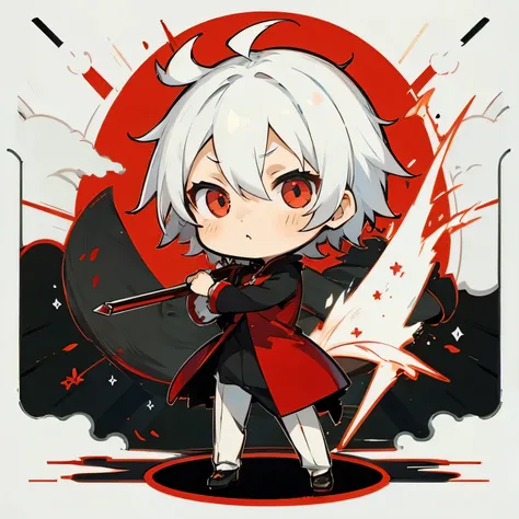 ((Art style)), ((chibi)), kaedara kazuha, neutral face, white hair with a little red in left up, facing the screen, stand up straight, boy, not holding anything