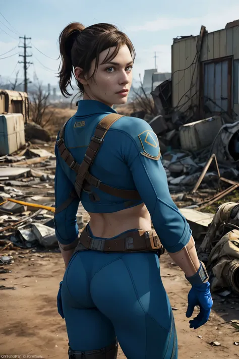 A cute and nerdy woman, (Milla Jovovich:Alison Brie:0.5), brunette hair tied in a ponytail, wearing an open high detail blue Fallout 4 vault suit, high detail face, high detail skin, seductive expression, perfect body, perfect proportions, an overgrown cit...