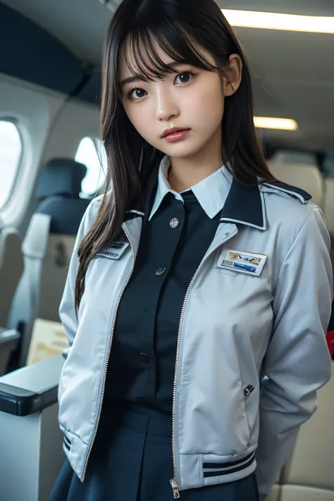 shiny skin, lips, super detailed skin, detailed beautiful face and eyes, spotlight, professional lighting, (upper body:0.8), stewardess, black skirt, jacket, short shirt, kooo123, 