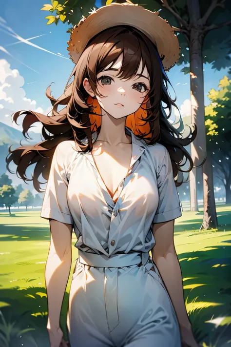 Straw hat, Brown-haired girl, White clothes, Lush scenery, The wind blows through, Strong sunlight, Clear contrast, masterpiece, highest quality, highest quality