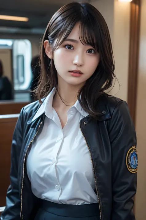 shiny skin, lips, super detailed skin, detailed beautiful face and eyes, spotlight, professional lighting, (upper body:0.8), stewardess, black skirt, jacket, short shirt, kooo123,