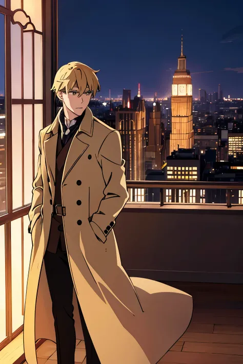 blonde , guy , wearing a long beige coat, standing on the room of a building , looking into the night , wind blowing his hair