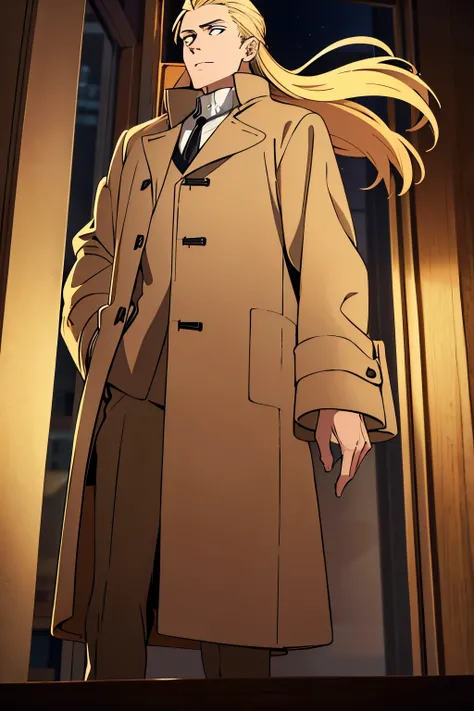 blonde , guy , wearing a long beige coat, standing on the room of a building , looking into the night , wind blowing his hair