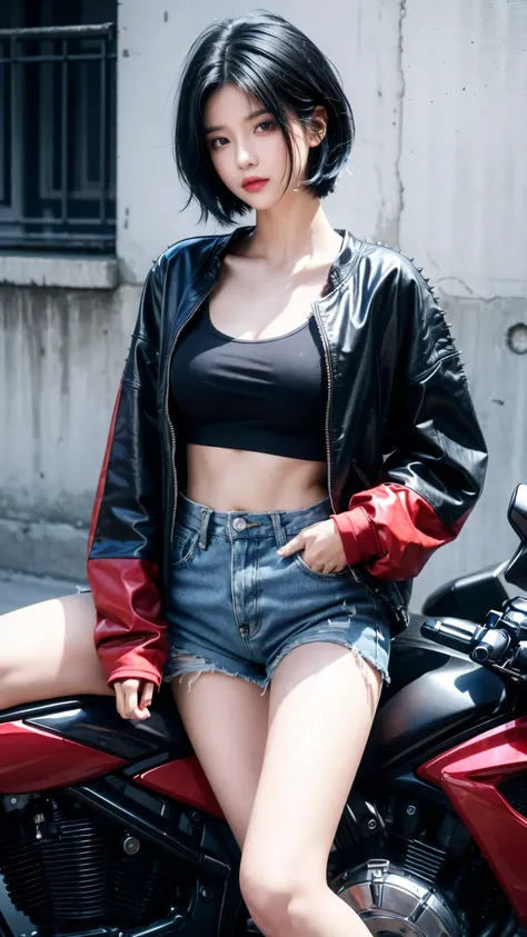 best quality, 1 Girl, dark blue hair, black eyes, Very short hair, Spiky hair, oversize t-shirt, red down jacket, High waist short jeans, 171 cm, Messy hair, Hair between the eyes, Medium breasts, full, Tomboy, aldult, 20 years old, 1 Girl Straddling a mot...