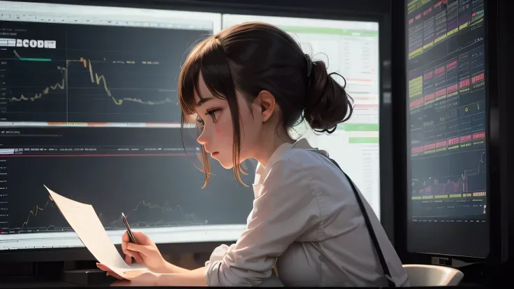 The girl is drawn a little smaller, and there is a foreign exchange margin trading chart in the background.