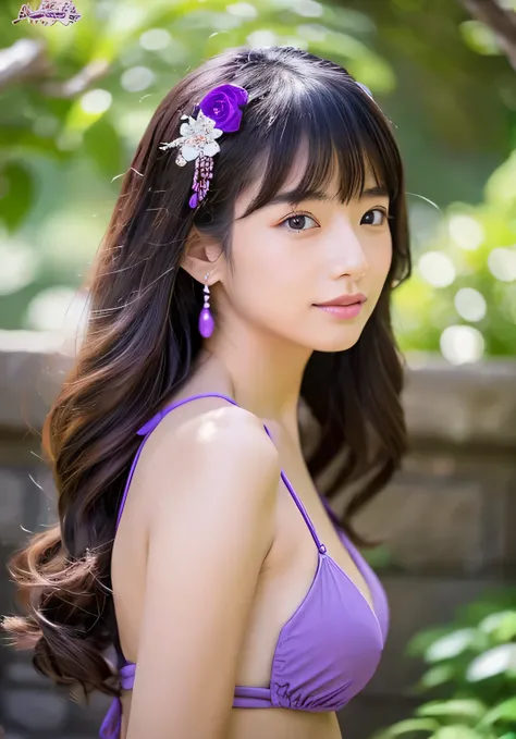 Beautiful woman in purple bikini、Japanese、hair ornaments