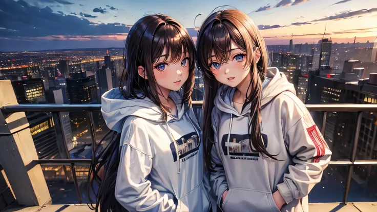 ((masterpiece, highest quality, Ultra Clear, High resolution)), With two people, Female, 20 years old,Male 25 years old,Women have long hair,Men have short hair, Shining Eyes,hoodie, Perfect Eyes,  Asahi cityscape theme,Brown Hair,Cityscape,