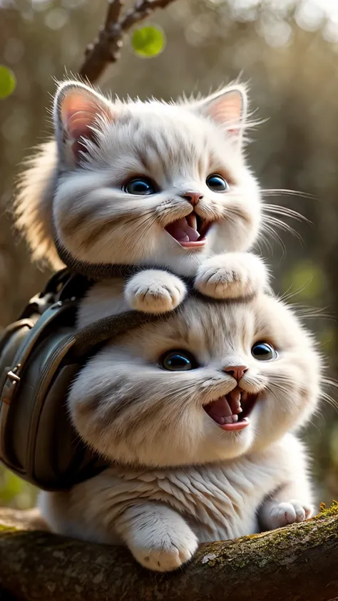 Fluffy cat sitting near the roots of a tree in the middle of the mountain, cute, happy face, open mouth