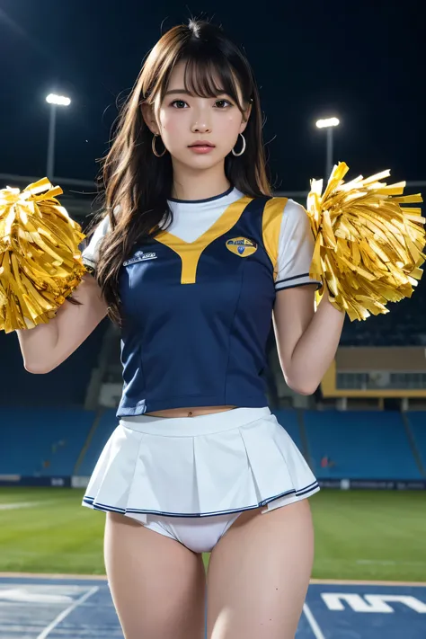 (8k, ultra high res, best quality, masterpiece:1.2),ultra-detailed,solo,beautiful detailed face, complete anatomy, 1girl, solo, dynamicangle,dancing,(cheerleader:1.3),(outdoors:1.5),mullethairstyle,navel,(viewarmpits:1.7),(stadium:1.5),(cheer dance:1.5) (s...