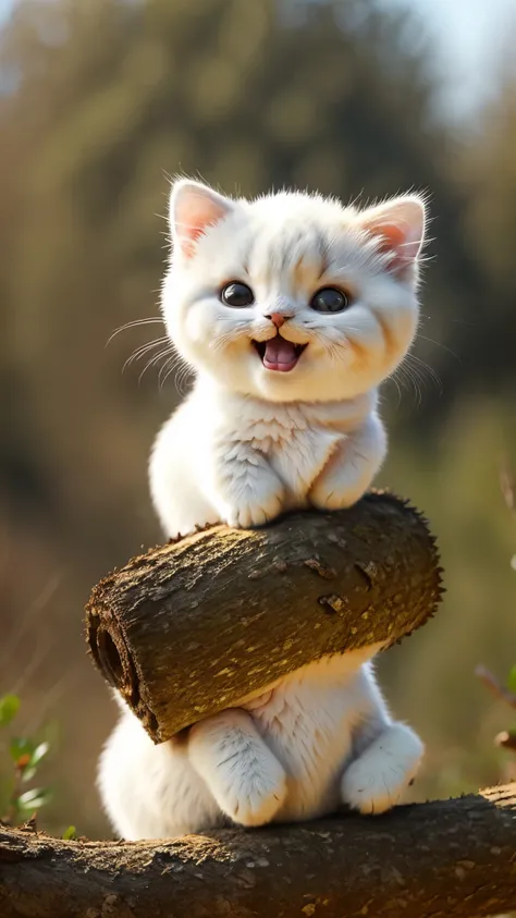 Fluffy cat sitting near the roots of a tree in the middle of the mountain, cute, happy face, open mouth