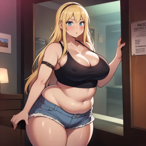 ((highres)), Masterpiece, high quality, best quality, beautiful, perfect lighting, detailed face, ultra cute face, ((blush)), (((1girl))), ((solo)), blonde hair, blue eyes, crop top and shorts, skindentation, full body, fast food restaurant, cleavage, medi...