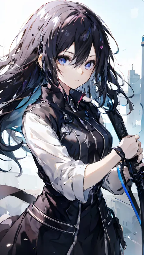 Female Kirito，Purple Eyes，Two Dimensions，anime style，one person（Female Warrior），Correct proportions，Facial details，swordsman，Black skirt，黑色Long hair，neck details，There is an Adam&#39;apple，Set，joke，robe，Clothing details，surrender，Long sleeve，Game quality，s...