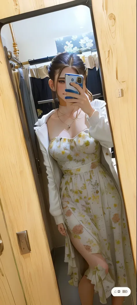 A woman takes a selfie in front of a bathroom mirror, Tube Top Dress, Wear clothes, Open skirt, She is about 20 years old, She is about 20 years old, Wearing a long floral dress, Heaton in a floral dress, 2 4-year-old female model, wearing a skirt, Wearing...