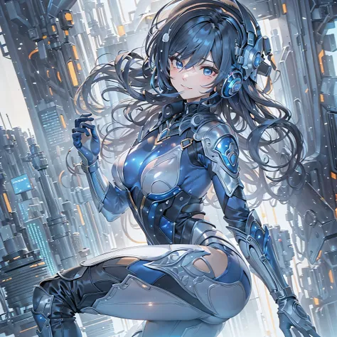 (masterpiece、highest quality、Highest Resolution、Clear_image、Detailed details、Angle from above): (Whole body、One 20 year old girl、Japanese Faces、Small Face、Slender、Navy blue super short bob cut hair、(Hidden small breasts:1.3)、Sparkling blue eyes、Shiny pilot...