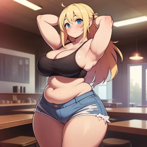 ((highres)), Masterpiece, high quality, best quality, beautiful, perfect lighting, detailed face, ultra cute face, ((blush)), (((1girl))), ((solo)), blonde hair, blue eyes, crop top and shorts, skindentation, full body, fast food restaurant, cleavage, medi...