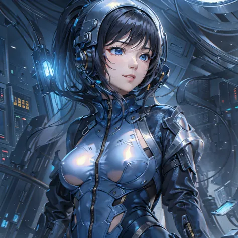 (masterpiece、highest quality、Highest Resolution、Clear_image、Detailed details、Angle from above): (Whole body、One 20 year old girl、Japanese Faces、Small Face、Slender、Navy blue super short bob cut hair、(Hidden small breasts:1.3)、Sparkling blue eyes、Shiny pilot...