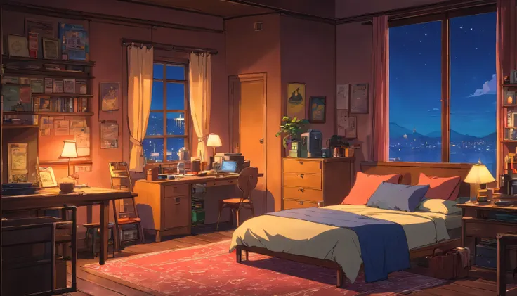 Cinematic 3D animation still from a cozy room, large windows overlooking the city at night, lua com crista, melancholic, sad vibes, the bed is unmade, mesa de computador, cluttered with incompatible furniture, The otaku-style posters on the walls and the g...