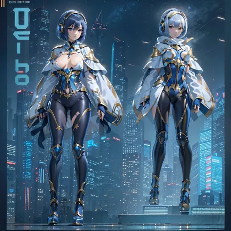 (masterpiece、highest quality、Highest Resolution、Clear_image、Detailed details、Angle from above): (Whole body、One 20 year old girl、Japanese Faces、Small Face、Slender、Navy blue super short bob cut hair、(Hidden small breasts:1.3)、Sparkling blue eyes、Shiny pilot...