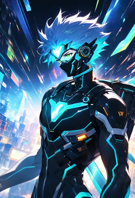 a friendly and charismatic male character in a futuristic black and blue cyber suit with glowing led lines, short spiky blue hai...