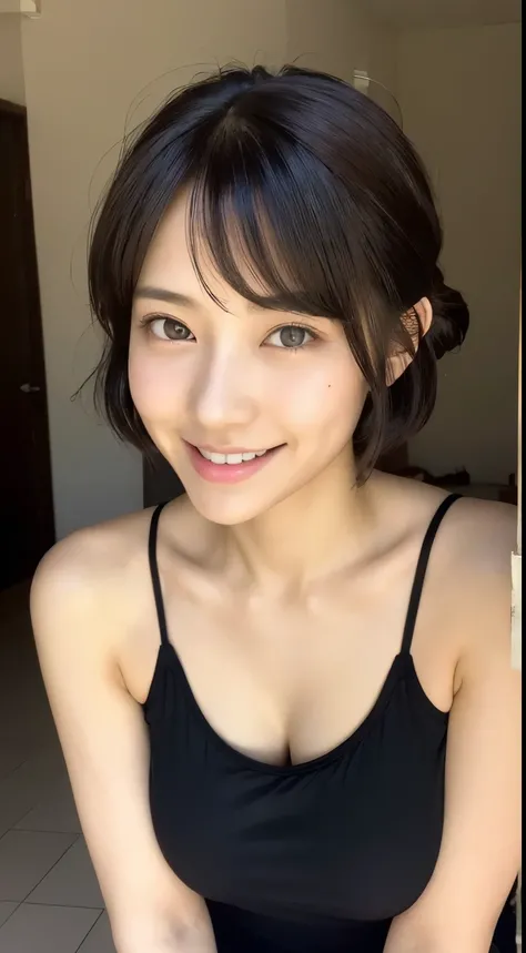 Photo judgment、cute、Japan Beauty、smile、Fine skin、Thin camisole、Real Photo、Cinematic Light、Being stripped of clothes、とてもcute顔、Wear as light clothing as possible、32 years old、Random hairstyles for short hair or updos、Black Hair、Large Breasts、Saggy breasts