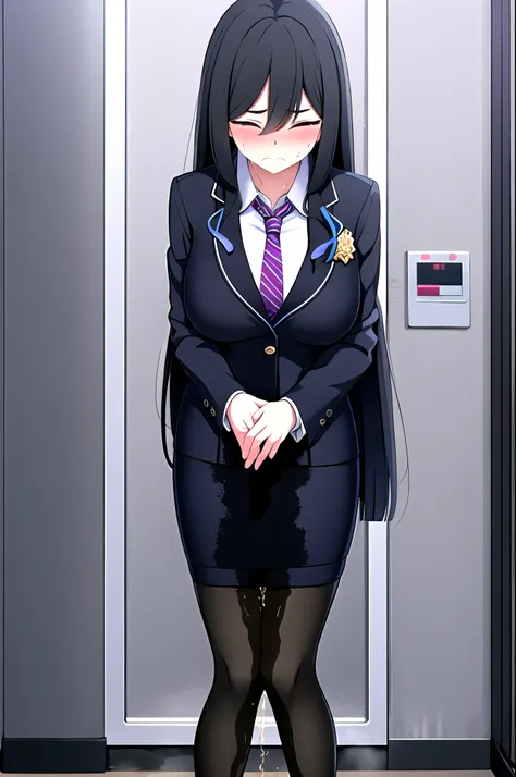 a woman with very long black hair, (very long hair:1.25) and (long bangs:1.5), wearing a business suit with a long pencil skirt ...