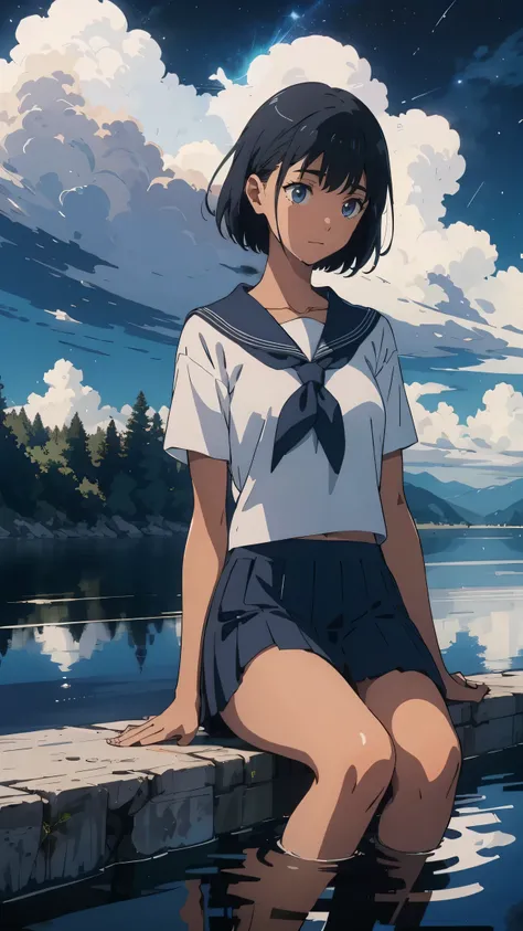{{kofune mio}}, {summertime render}, shining sky blue eyes, black short hair, Calm expression,A faint blush, medium breasts, dark skin, dark-skinned female, white serafuku, short sleeves, black neckerchief, white sailor collar black pleated skirt,1girl, s...