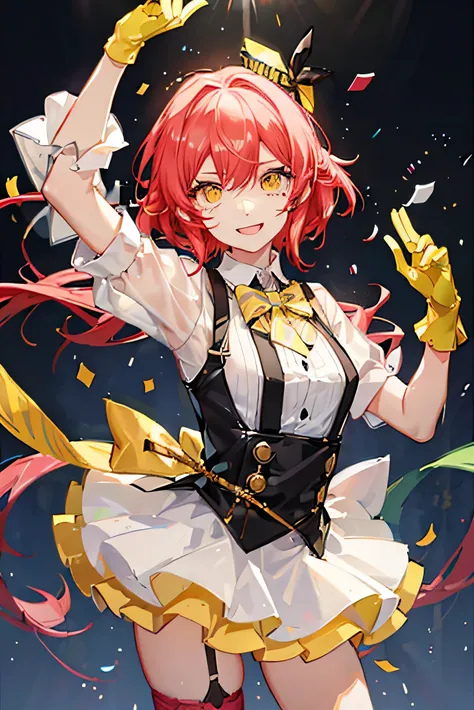 Kasane Teto, confetti, bright background, exhausted expression, striped white shirt, suspenders, yellow gloves, black tie, idol dancing pose