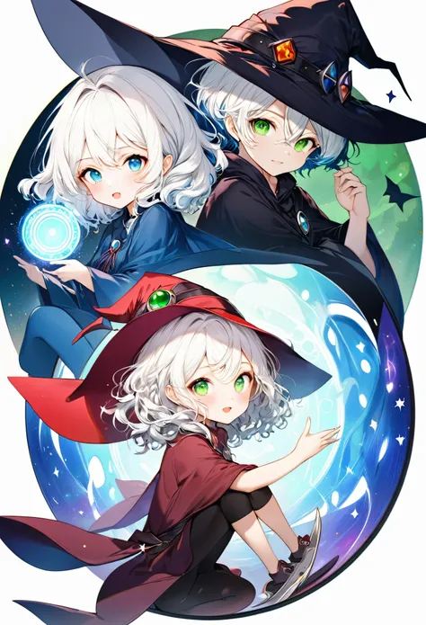 best quality, super fine, 16k, incredibly absurdres, extremely detailed, delicate and dynamic, (left half, overbearing cool and beautiful pretty red witch, white hair, blue eyes), (right half, innocent cute black witch, ivory short messy wavy hair, green e...