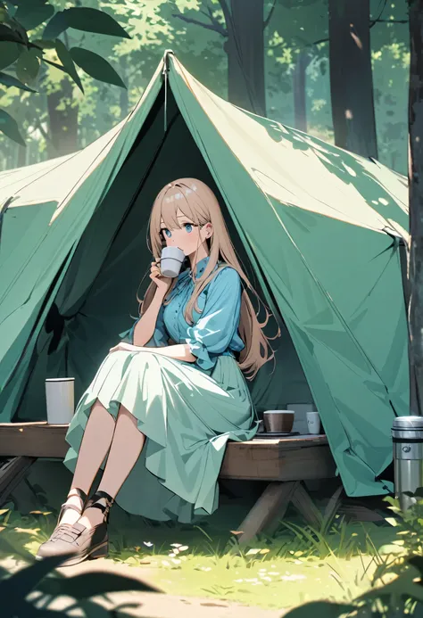 A beautiful girl with long hair wearing a blue pastel blouse and skirt drinking coffee 
while sitting outside a pastel green tent inside a forest 